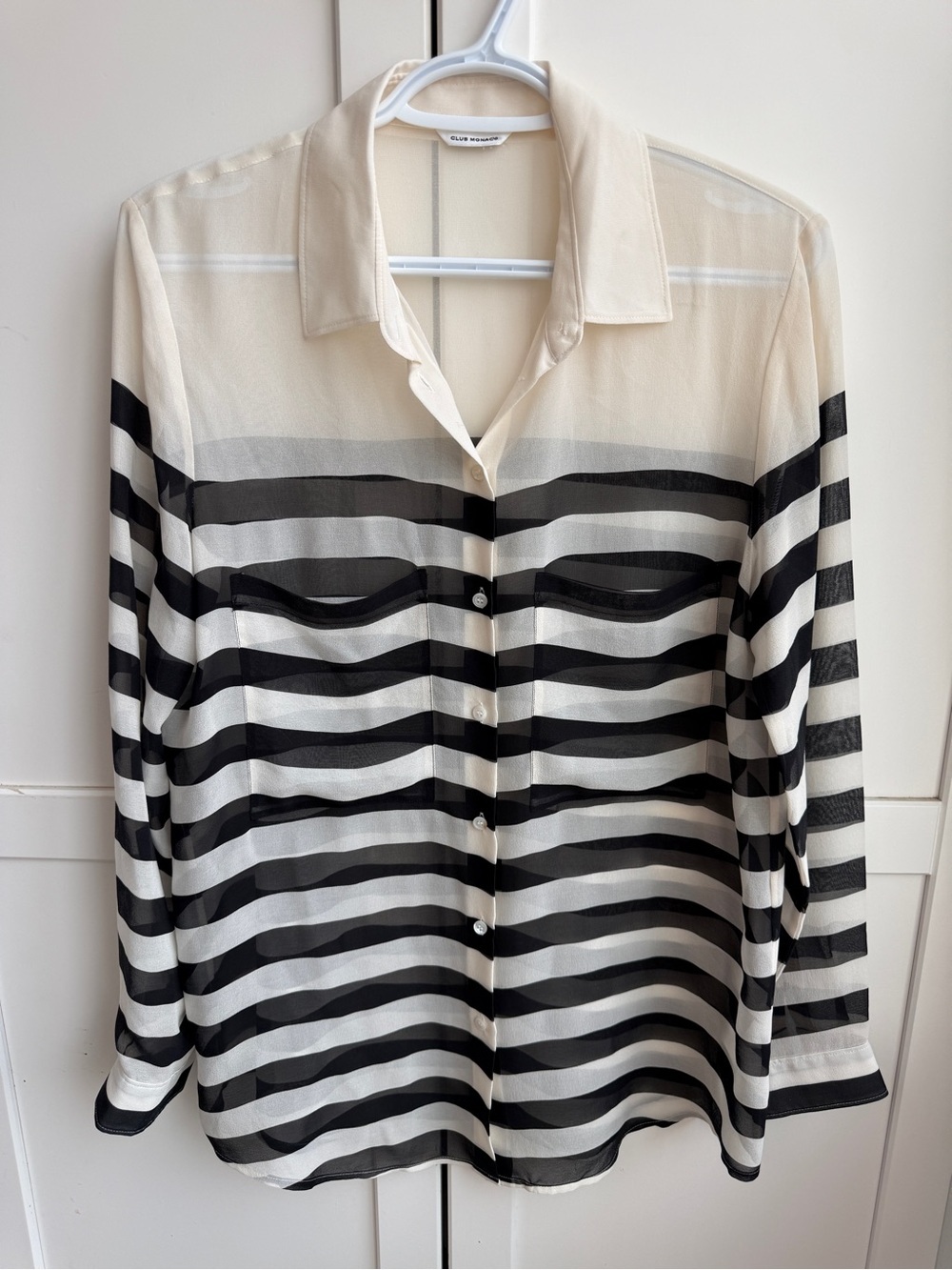 Club Monaco 100% Silk Black Ivory Striped Sheer Going Out Top Size L